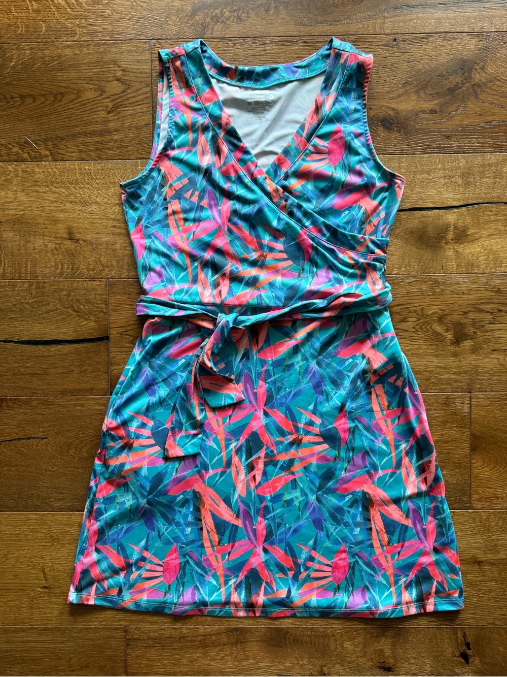 Reel Legends Aqua Pink Floral/Leaf Keep-It-Cool Faux Wrap Side Tie Dress Size M